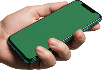 Person's hand holding a modern smartphone with a green screen display, isolated on a transparent background, ready for custom content.