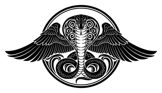 Winged cobra snake in a circle Mythical serpent tattoo style vector logo emblem