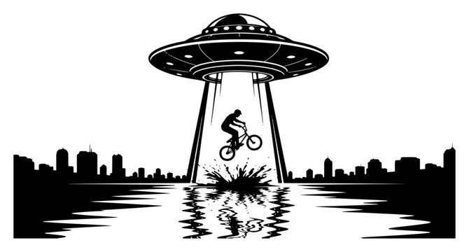 UFO abducting BMX rider over the city water Alien spaceship kidnapping cyclist vector illustration