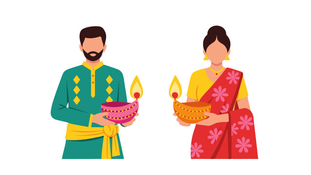 Man and Woman in Traditional Indian Attire Holding Lit Diyas During Festival Celebration