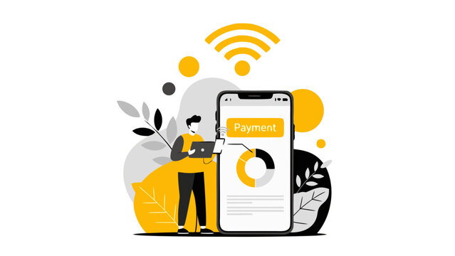 Man Interacting With Mobile App Showing Financial Chart And Payment Options With Wi-Fi Signal Above Abstract Yellow And Gray Shapes And Black Background Graphic Design