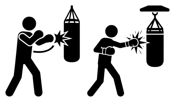 Boxer hitting a punching bag vector icon set. Boxing training pictogram