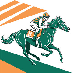 Horse racing illustration depicts a jockey riding a green horse with orange accents.