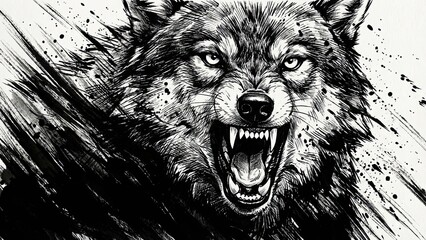 Wolf's Furious Gaze: A fierce wolf bares its teeth in a striking black and white portrait, its eyes blazing with intensity. This artistic rendition captures the untamed spirit of the wild
