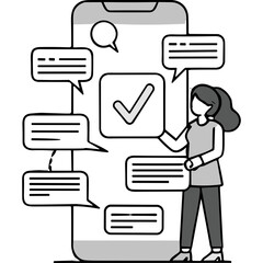 Digital Communication Concept With A Woman Interacting With A Smartphone Displaying Chat Bubbles And A Checkmark Symbol Indicating Task Completion In A Minimalist Black And White Style