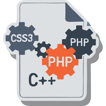 Digital document with C++ CSS3 and PHP gears representing programming languages and web development concept