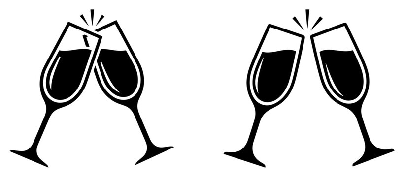 Clinking champagne glasses icon set Cheers toast symbol for celebration wedding or new year party