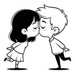 Cute cartoon couple kissing vector illustration. Girl kissing a boy on the cheek