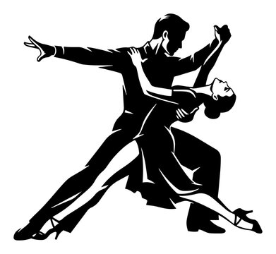 Passionate couple dancing tango silhouette. Romantic dance school vector logo