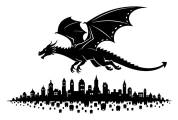 Obraz premium Dragon flying over a city with sky lanterns. Fantasy medieval town silhouette