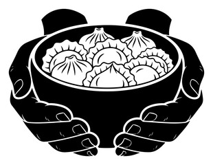 Hands holding a bowl of Asian dumplings. Traditional food logo or icon