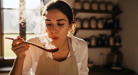 Young woman tasting sauce from a wooden spoon in a rustic kitchen, embodying a homemade cooking concept with warm light