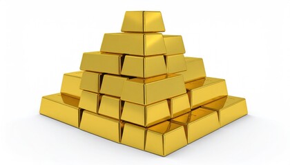 A meticulously stacked pyramid of shiny gold bars rises, symbolizing wealth, prosperity, and financial security. The gleaming bars showcase the allure of the precious metal in a captivating display.