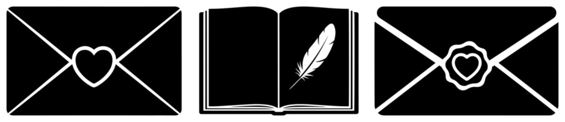 Set of romantic love letter envelope with heart seal and open diary book with feather quill pen