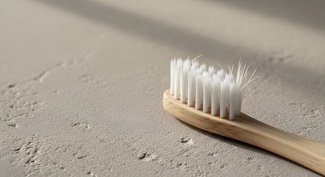 Close-up of a natural bamboo toothbrush with frayed bristles showing wear and tear, representing the eco-friendly oral hygiene concept