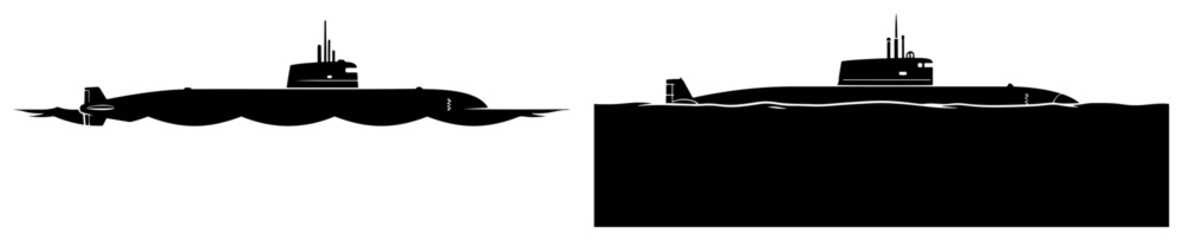 Submarine silhouette on the surface and underwater Navy ship vector icon set