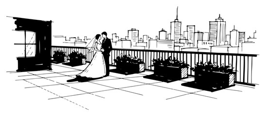 Wedding couple on a city rooftop. Bride and groom romance vector sketch