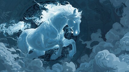 Happy Chinese New Year 2026. Zodiac blue Horse glowing with divine energy, surrounded by swirling clouds and Chinese auspicious symbols, classic card layout.