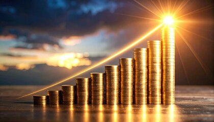 A gleaming stack of gold coins forms a financial success and rising upwards, showcasing upward trajectory and symbolizing growth in wealth. It radiates success, investment and financial progress.
