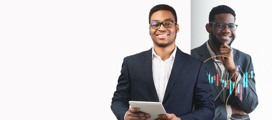 Two business professionals stand confidently in a contemporary office setting, engaged in discussions about progress and strategy while using a tablet and visuals of market trends in the background.