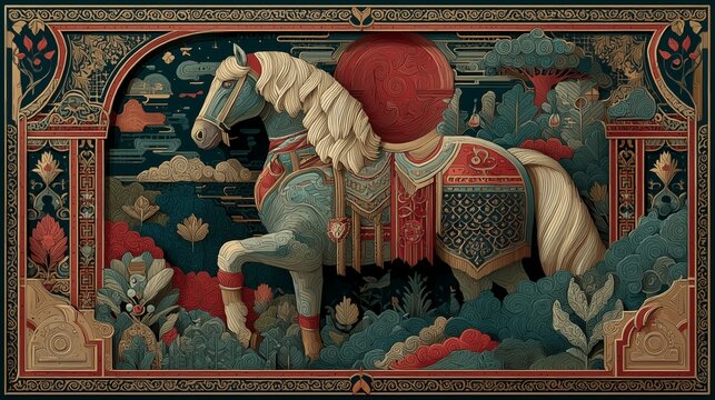 Happy Chinese New Year 2026. Zodiac Horse, illustrated with rich Chinese folklore colors, ornate border inspired by ancient playing cards.