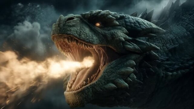 Epic Dragon Unleashes Fiery Breath in Dark Fantasy Scene.