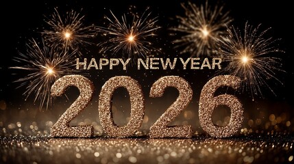 2026 Happy New Year Greeting Banner, firework behind text, celebratory energy and bright night sky.