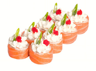 Eight rolls of sushi on white.