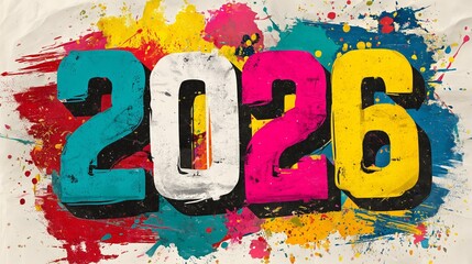 2026 Happy New Year Greeting Banner. Graffiti playful 2026, colorful abstract splash background.