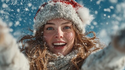 Playful woman in a Santa hat with snow into the air, joyful motion.