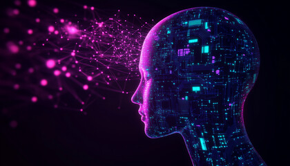 Obraz premium Human head profile silhouette made of glowing circuit board patterns and electronic traces, cyan and purple neon colors