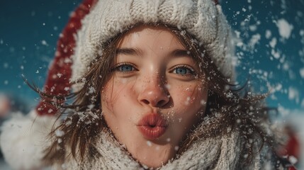 Playful woman in a Santa hat with snow into the air, joyful motion.