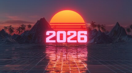 2026 Happy New Year Greeting Banner. Retro-wave style on a digital grid, sunset gradient sky with mountains.