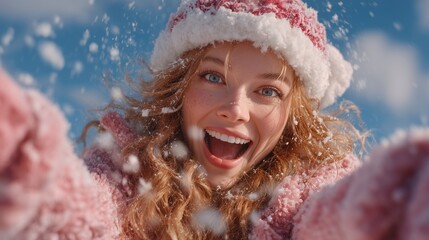 Playful woman in a Santa hat with snow into the air, joyful motion.