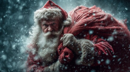 Santa Claus holding a giant sack of gifts over his shoulder, bold red costume.