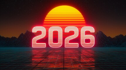 2026 Happy New Year Greeting Banner. Retro-wave style on a digital grid, sunset gradient sky with mountains.