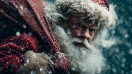 Santa Claus holding a giant sack of gifts over his shoulder, bold red costume.