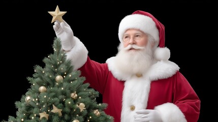 Santa Claus placing a star on top of a Christmas tree, warm golden sparkles, enchanting holiday magic.