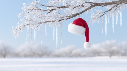 Santa hat hanging on a snowy tree branch, shimmering icicles, soft winter sunlight, Christmas background.