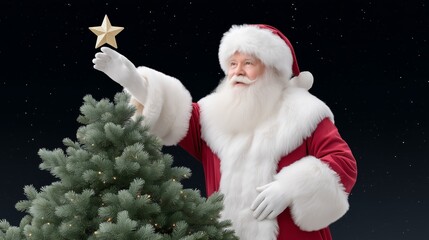 Santa Claus placing a star on top of a Christmas tree, warm golden sparkles, enchanting holiday magic.