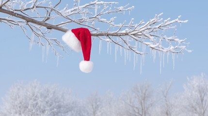 Santa hat hanging on a snowy tree branch, shimmering icicles, soft winter sunlight, Christmas background.