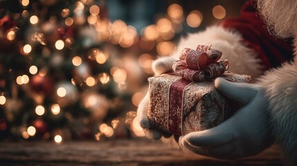 Santa Claus gently placing a gift box, cozy holiday atmosphere, magical festive mood Christmas tree background.