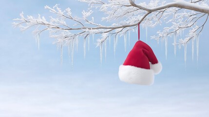 Santa hat hanging on a snowy tree branch, shimmering icicles, soft winter sunlight, Christmas background.