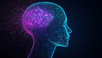 Obraz premium Human head profile silhouette made of glowing circuit board patterns and electronic traces, cyan and purple neon colors