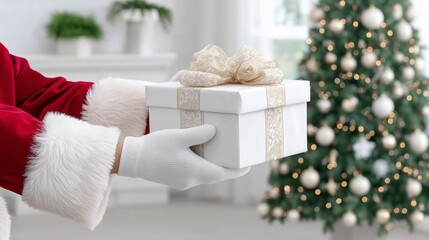 Santa Claus gently placing a gift box, cozy holiday atmosphere, magical festive mood Christmas tree background.