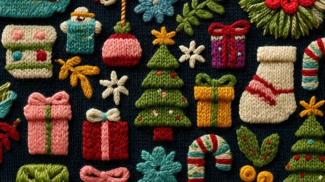 Photo-realistic knitted winter playground, pastel colors, snowman, warm lights, magical Christmas atmosphere for greeting cards or decorations. - Powered by Adobe