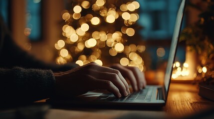 Cozy hand writing Christmas notes in notebook beside laptop, candles and cookies, perfect for holiday planning, blogging and lifestyle content.