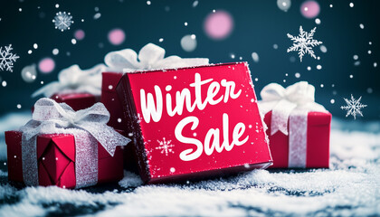 Discover fantastic winter savings now with festive red gifts under a blanket of fresh snow during a seasonal sale event for holiday