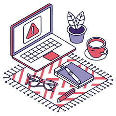 Laptop with warning symbol glasses phone pen coffee and plant on a rug.