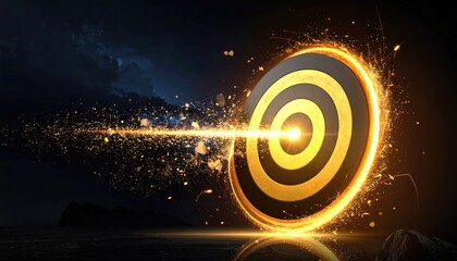 A radiant beam of light pierces directly through the bullseye of a target. Evoking a sense of focused achievement and determination.